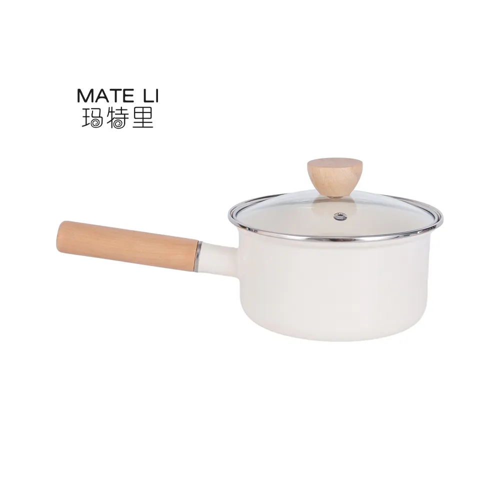 Enamel-coated Kitchen Non-stick Pan White Thick Enamel Saucepan Wooden Handle Soup Pot Pan Milk Pan
