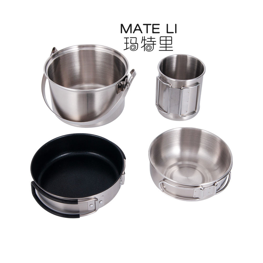 Camping Cookware 4PCS Outdoor Pot Bowl Set Lightweight Picnic Supplies Stainless Steel 304 Cookware 