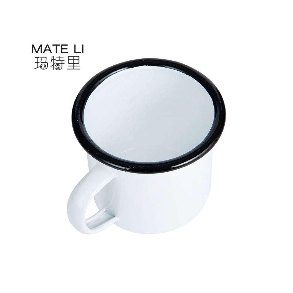 Custom Size Milk Enamel Mugs White Roll Rim Gift Travel Enamel Cups With Black Rim
