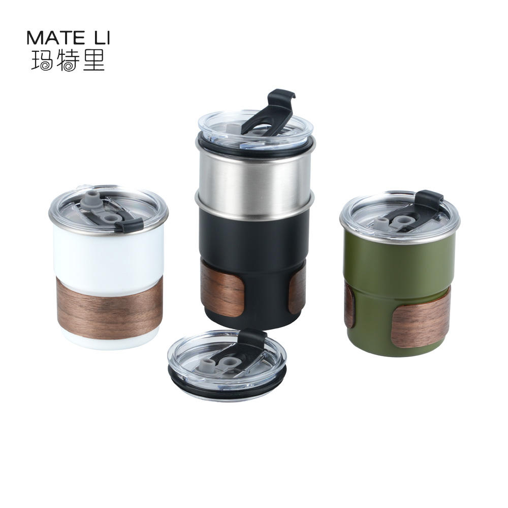 300ml Outdoor Camping Portable Cup Wood Grain Sleeve Tumbler 304 Stainless Steel Coffee Cup with Lid