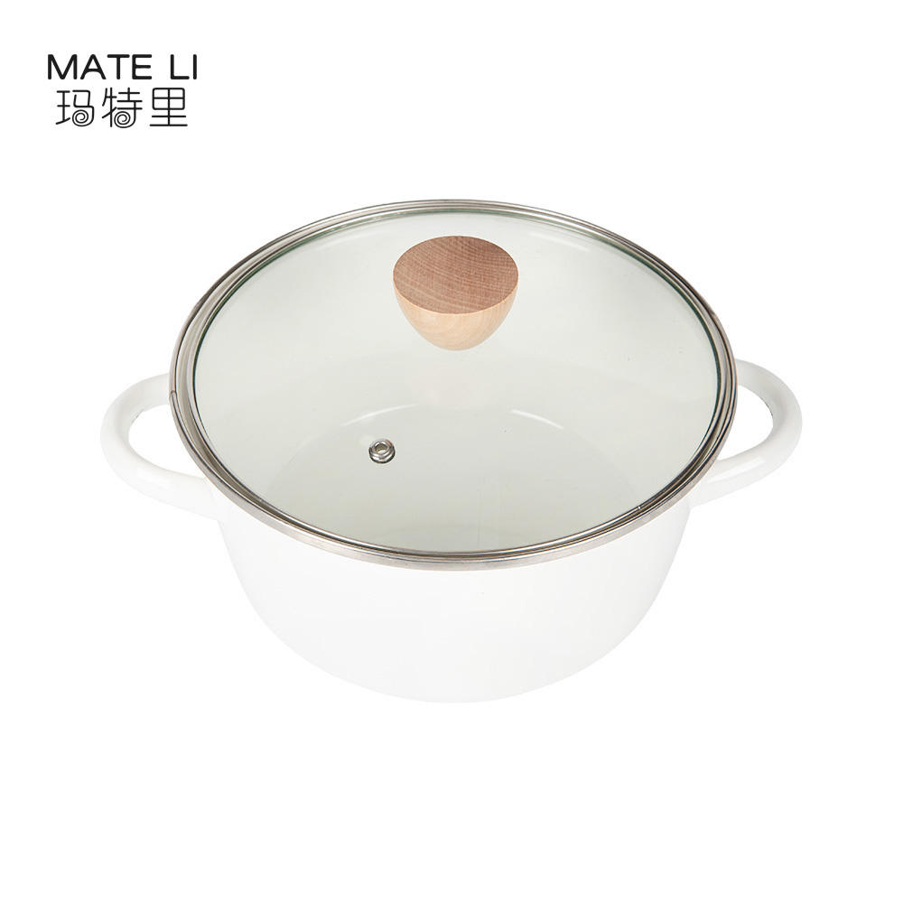 Household Saucepan Enameled White Stockpot Seafood Pot Double Aural Pot with Glass Lid