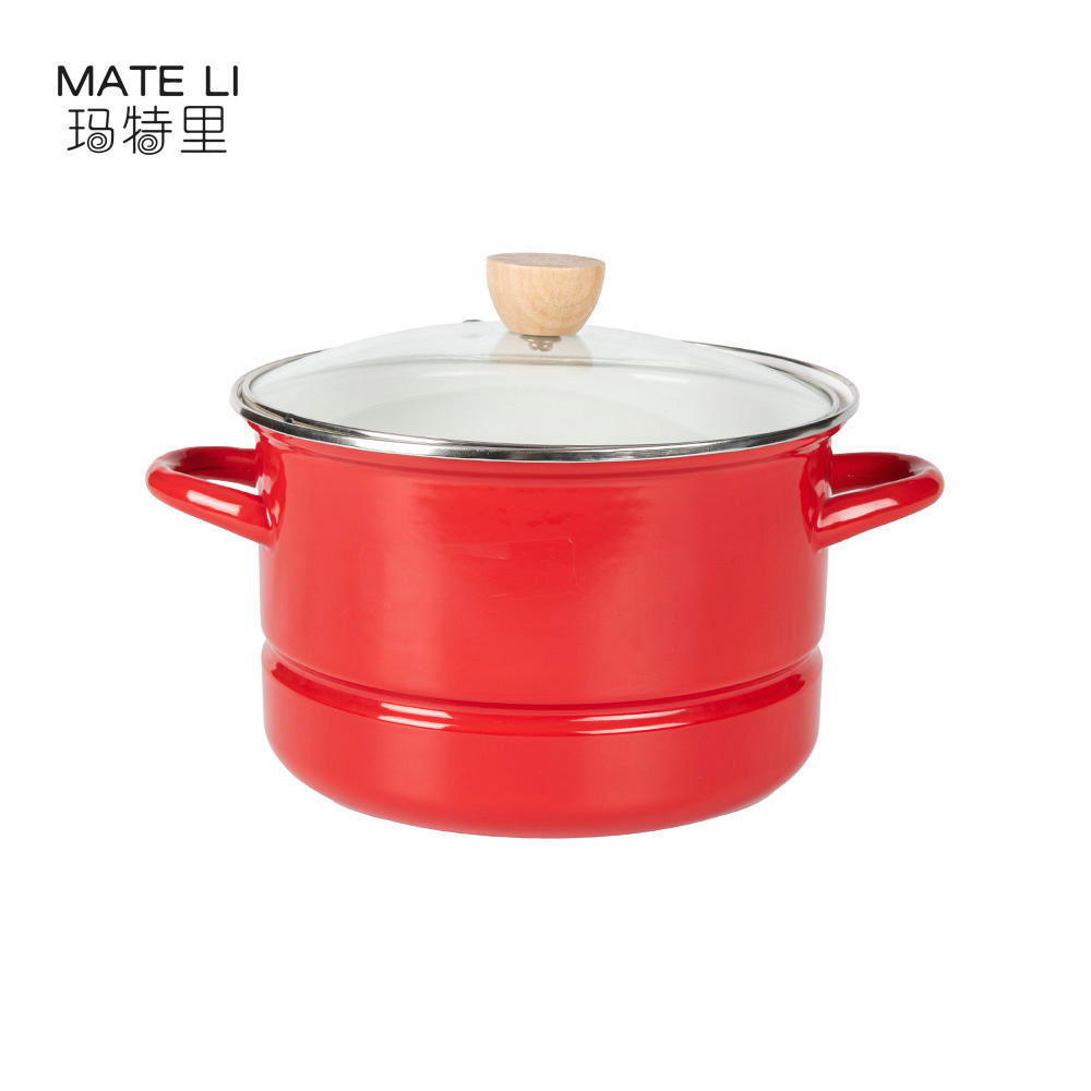 High Quality Red Color Enamel Stock Pot Enameled Cooking Steamer Pot with Perforated Steamers